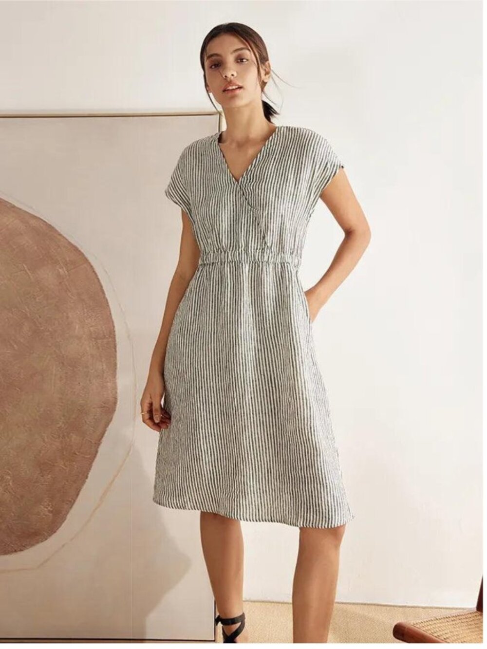 LINTICO 100% Linen Black Striped Elastic Waist Dress Size S